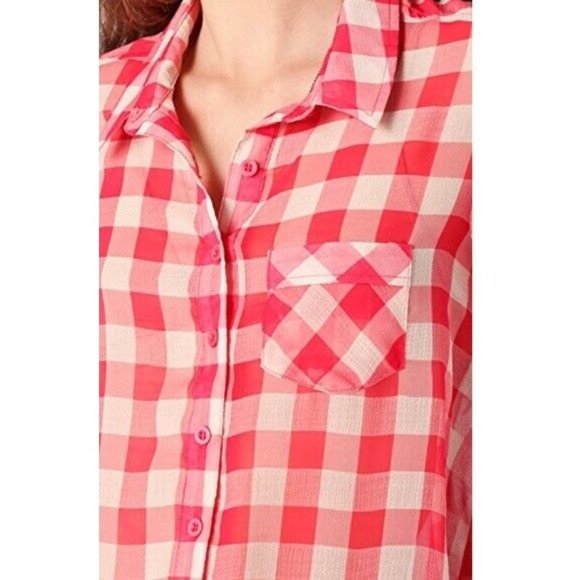 Free People Red Gingham Plaid Semi Sheer Flowy Button Front Shirt Size S Airy - Picture 4 of 15